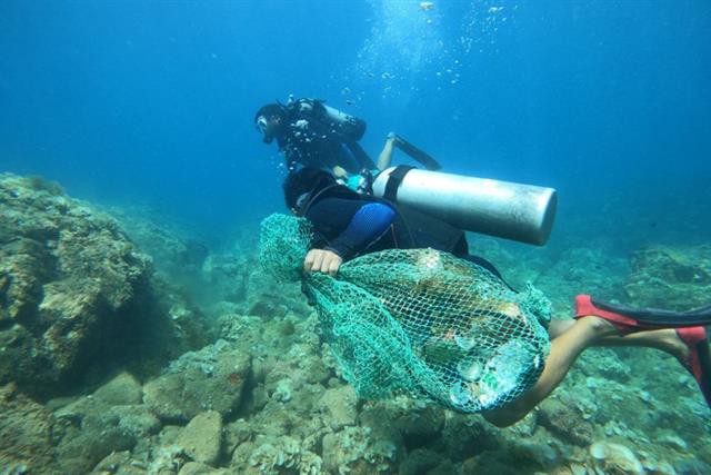 Nhơn Hải bắt sao biển gai và dọn rác dưới đáy biển